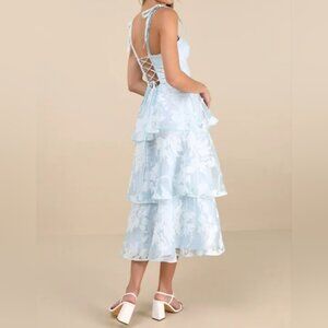 Lulus Drayson Light Blue Floral Burnout Tie-Strap Tiered Midi Dress, Size XS